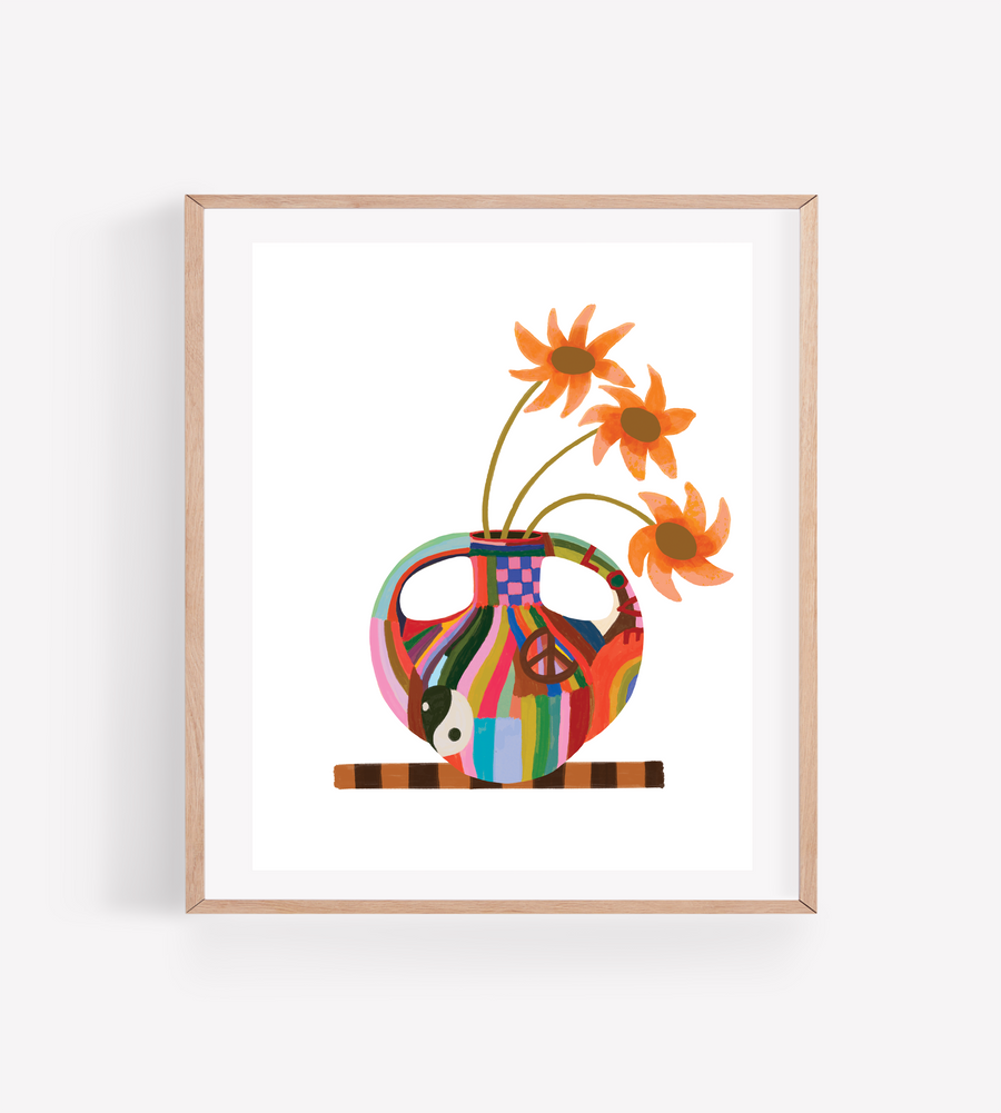 Rainbow Hippie Vase with Flowers Art Print