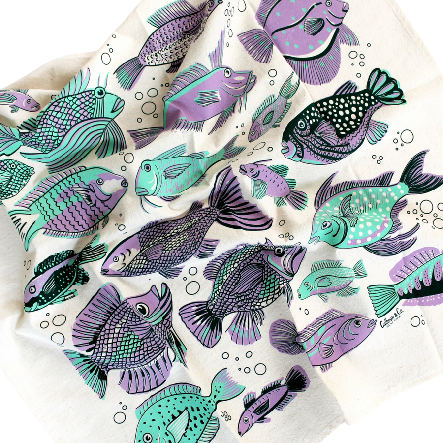 go fish screen printed tea towel