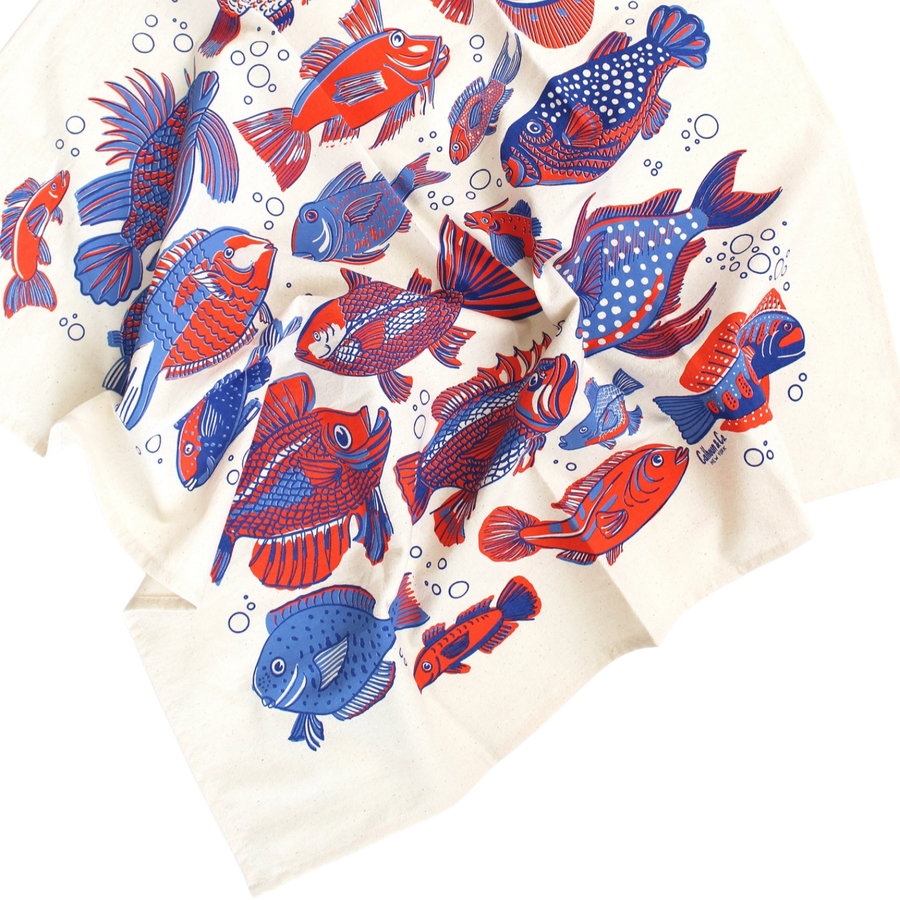 go fish screen printed tea towel