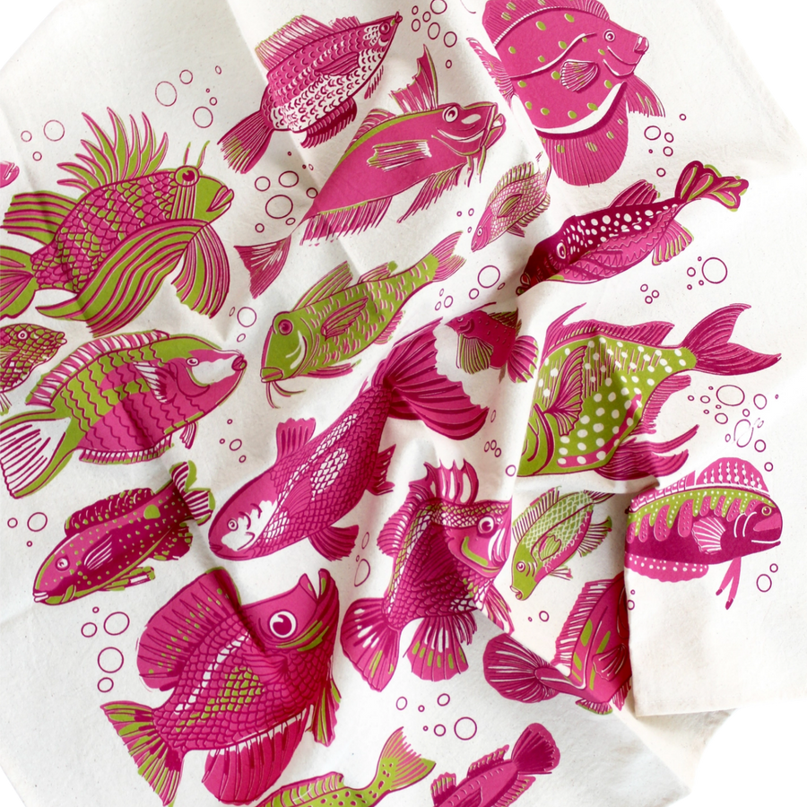 go fish screen printed tea towel